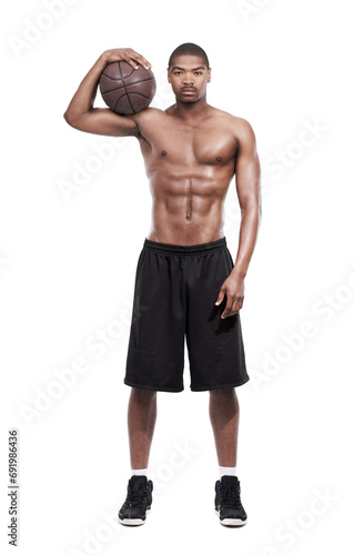 Fitness, power and portrait of black man with basketball, six pack and shirtless body muscle workout challenge. Sports wellness, health and professional athlete with ball isolated on white background