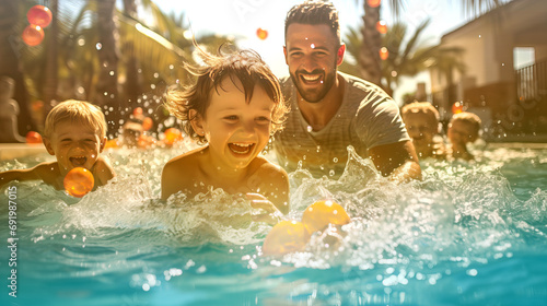 Family teaching children to swim in outdoor pool in summer