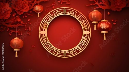 Chinese new year postcard with Chinese circle frame and lantern