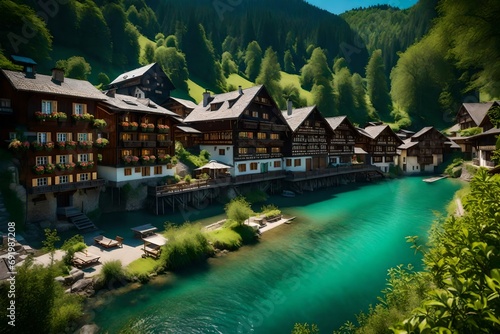 Scenic Swiss riverbank with charming wooden houses, surrounded by pristine nature and clear blue waters © colorful imagination