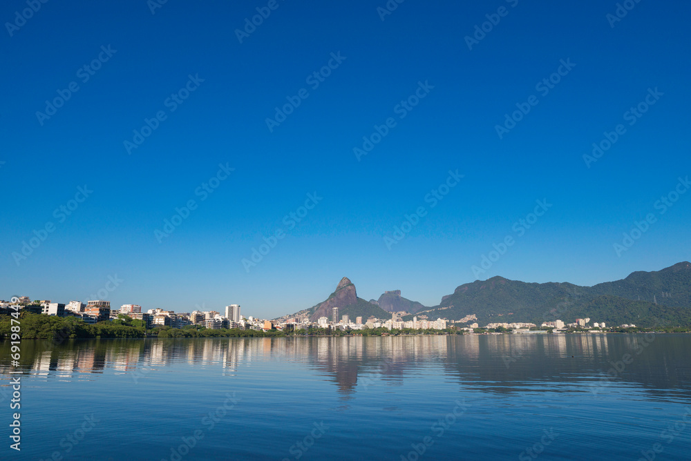 Beautiful View of Rio de Janeiro Mountains Reflected in Water of Rodrigo de Freitas Lagoon