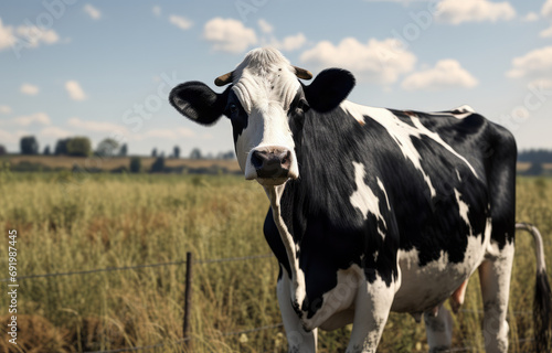 a black and white cow standing in the grass 
