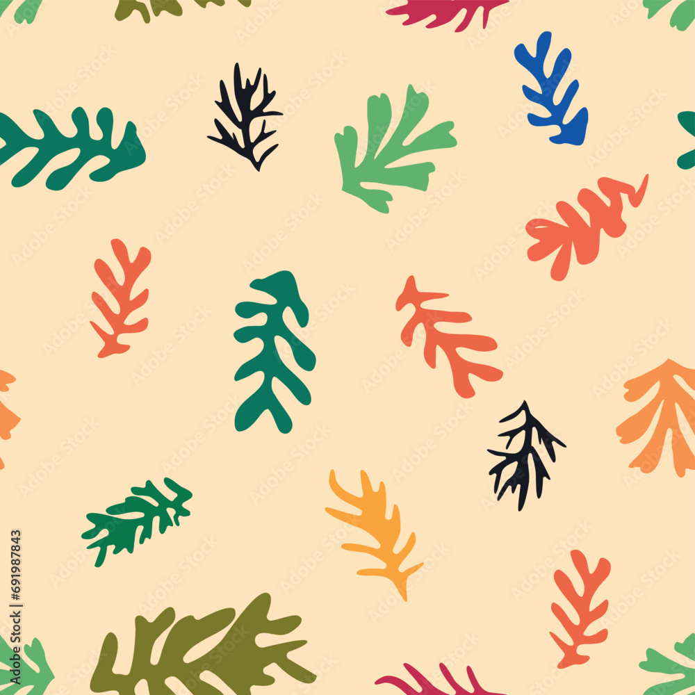 floral pattern, crooked leaves and red flowers