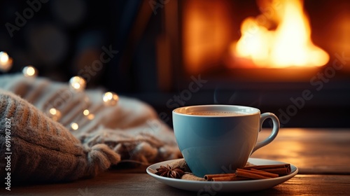 a cup of latte by a fireplace with cookies