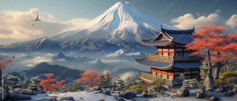 Obraz premium Japanese Landscape Illustration with Shinto Shrine in a Misty Lake Wallpaper Cover Panorama Poster Banner Background Backdrop Digital Art Japan-Art