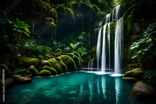 A majestic waterfall plunging into a crystal-clear pool, surrounded by lush greenery. © colorful imagination