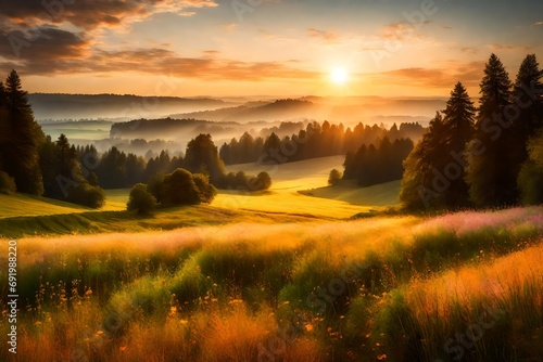 The countryside bathed in the soft, tranquil colors of a setting sun, with a meadow and forest in the distance