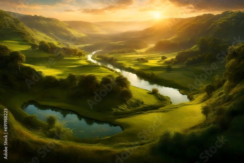 A lush green valley with a meandering river, bathed in the warm glow of a rising sun.