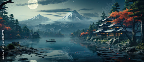 Japanese Landscape Illustration with Shinto Shrine in a Misty Lake Wallpaper Cover Panorama Poster Banner Background Backdrop Digital Art Japan-Art © Korea Saii