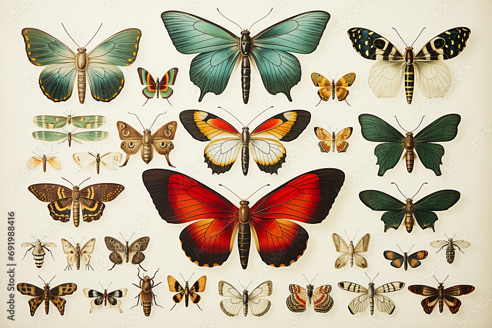 coloured engravings of the 19th century with entomological collections. AI generative. - obrazy, fototapety, plakaty 