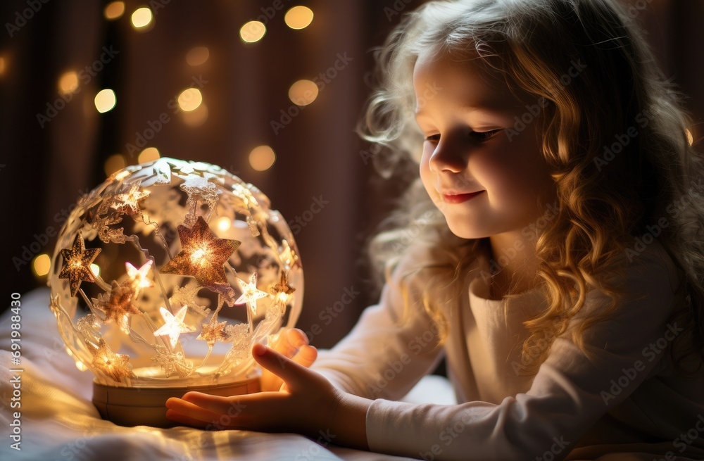 Naklejka premium a little girl asleep in bed with a star projector star