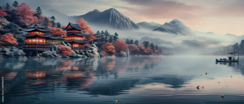 Japanese Landscape Illustration with Shinto Shrine in a Misty Lake Wallpaper Cover Panorama Poster Banner Background Backdrop Digital Art Japan-Art - obrazy, fototapety, plakaty 