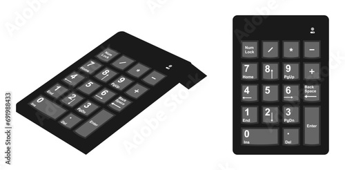 vector numeric keypad. front view and side view. Numpad with numbers computer keys on keyboard. vector illustration isolated on white background.