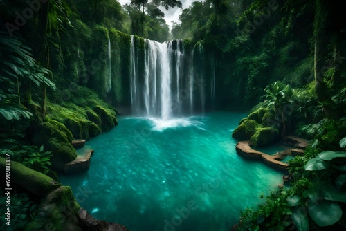 A majestic waterfall crashing down into a turquoise pool, surrounded by lush vegetation. © colorful imagination