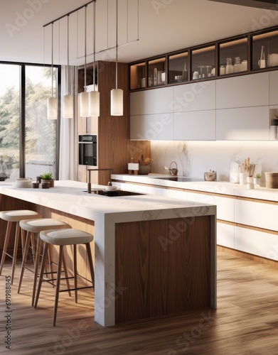 a modern kitchen with walnut and wooden cabinetry