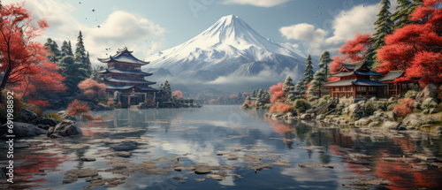 Japanese Landscape Illustration with Shinto Shrine in a Misty Lake Wallpaper Cover Panorama Poster Banner Background Backdrop Digital Art Japan-Art