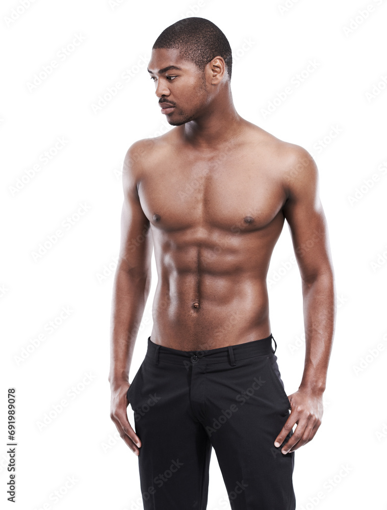 Man, model and shirtless for fitness, six pack and standing on white background, confident and abs. Studio backdrop, fit and attractive for exercise, health and muscular for posing, stomach and chest Man, model and shirtless for fitness, six pack and standing on white background, confident and abs. Studio backdrop, fit and attractive for exercise, health and muscular for posing, stomach and chest
