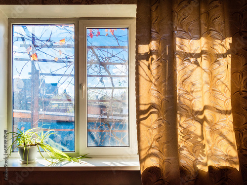 window of village house with houseplant on windowsill illuminated by autumn sun