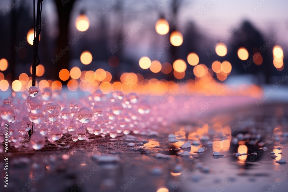 a bunch of raindrops that are sitting on the ground in front of a street with a lot of lights in the background. a bunch of raindrops that are sitting on the ground in front of a street with a lot of lights in the background.