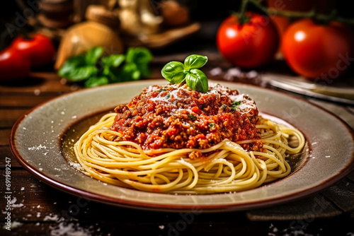 Serve the spaghetti Bolognese with fresh Parmesan and green salad. AI generativ. photo