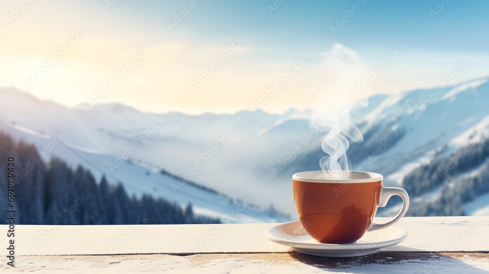 Cup of hot coffee on table on a winter snowy background. International Coffee Day. Panorama with copy space. Cup of hot coffee on table on a winter snowy background. International Coffee Day. Panorama with copy space.