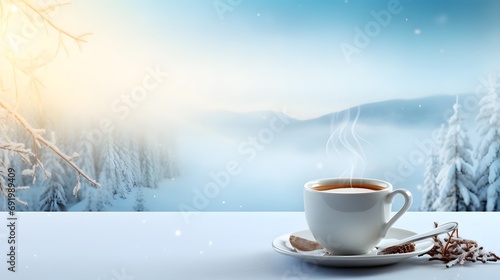 Cup of hot coffee on table on a winter snowy background. International Coffee Day. Panorama with copy space.