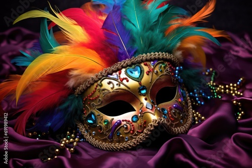 Multicolored carnival mask on a purple background. Generative AI