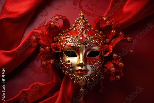 Golden carnival mask on red background. Generative AI