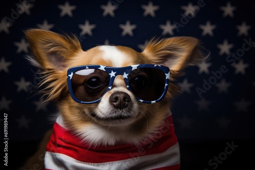 Dog in sunglasses, American flag holiday. Generative AI