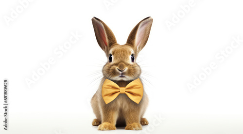 Golden cute brown Easter bunny with yellow bow tie on gray white background © ТаtyanaGG