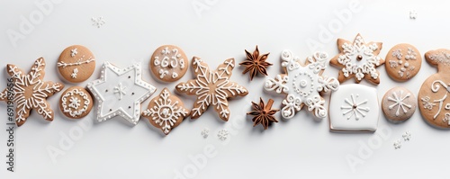 Festive delight. Homemade christmas cookies adorned with icing cinnamon and sugar. Each snowflake and star shaped biscuit culinary work of art. Warmth of winter and spirit of holidays captured