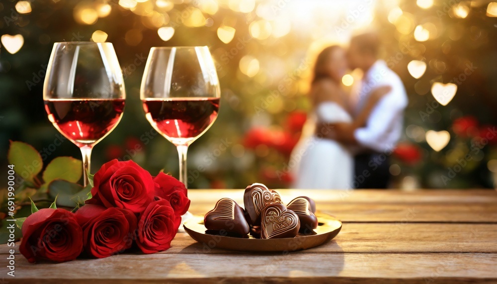 Czerwone wino, czerwone róże i czekoladki w kształcie serca. W tle widać obejmującą się parę. Motyw ślub, walentynek, randki - obrazy, fototapety, plakaty 