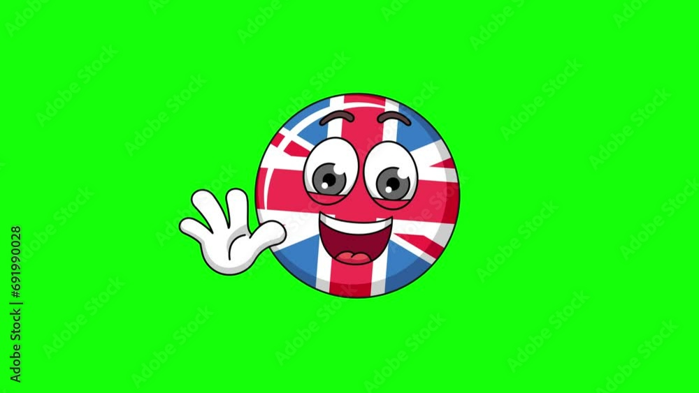 Waving hand animation of a flag of united kingdom cartoon, mascot character on green screen Waving hand animation of a flag of united kingdom cartoon, mascot character on green screen