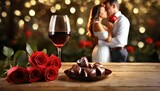 Czerwone róże, kieliszki z czerwonym winem i czekoladki w kształcie serc na drewnianym stole. W tle widać obejmującą się parę. Walentynkowe tło