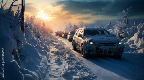 winter and road chaos on snow-covered roads. AI generative. © Dar1930
