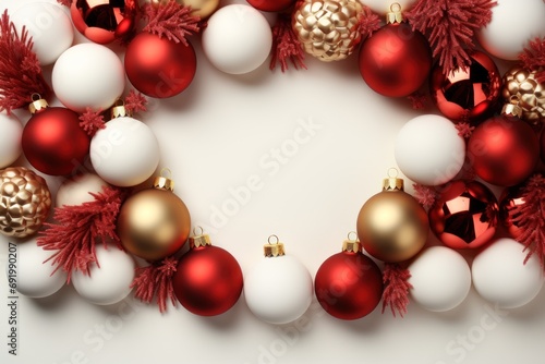  a white and red christmas ornament surrounded by red and white ornament balls and tassels.