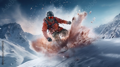 a snowboarder jumping around the snow covered mountains © ArtCookStudio