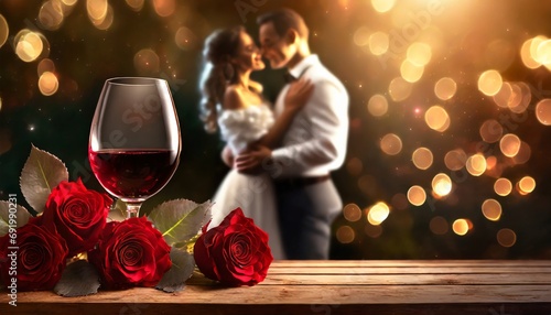 Czerwone wino i czerwone róże. W tle obejmująca się para. Motyw walentynek, ślubu, rocznicy