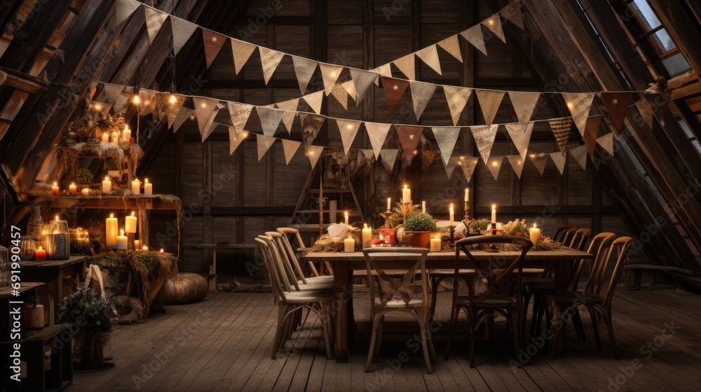 a table with colorful party bunting and lights