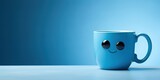 Not Sad blue cute small mug with smiling emoji, on a blue background, blue monday, copy space, banner