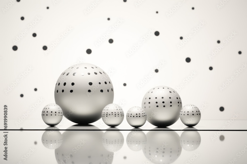  a group of white balls sitting next to each other on a reflective surface in front of a white background with black dots.