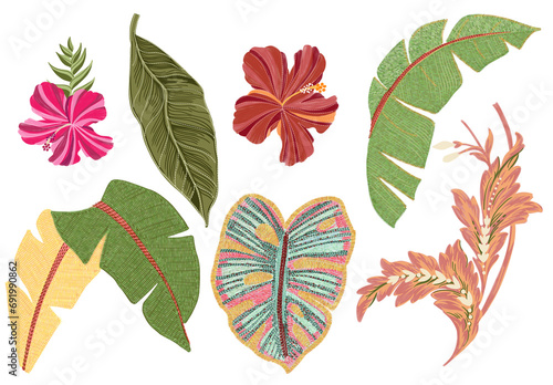 beautiful set of tropical embroidery leaves and flowers colorful stitches palm leaves hibiscus abstract botanical gouache drawing