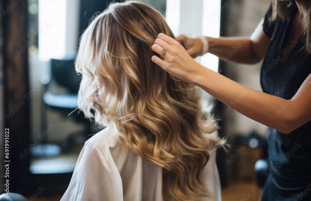 Fototapeta premium a woman being styled hair in a salon