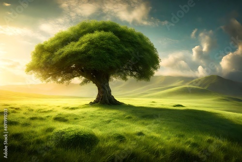 Tranquil countryside setting showcasing a solitary tree amidst lush green grass, with a radiant gracing the sky.