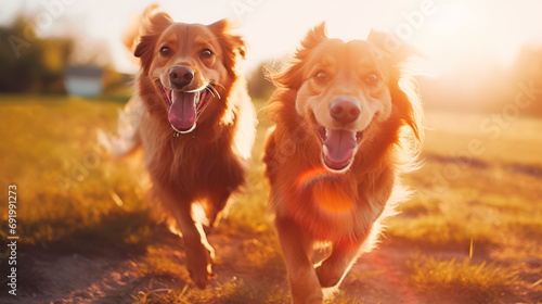 Dogs Joyfully Running Across a Lush Green Field © MYDAYcontent