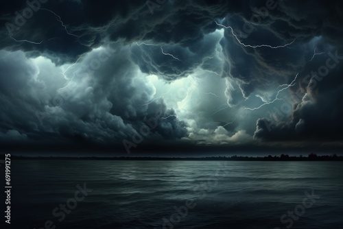  a black and white photo of a storm in the sky over a body of water with a lighthouse in the distance.