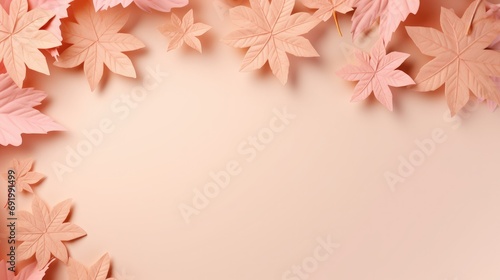 Autumn maple leaf frame top view on pastel peach color background.fall backdrop for display of content,