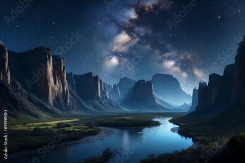 A tranquil river meandering through a valley, embraced by towering cliffs and a starry night sky. © colorful imagination