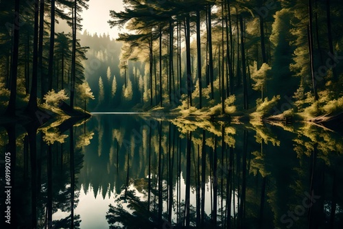 A stunning reflection of a dense forest on a serene lake, showcasing the enchanting bond between land and water.