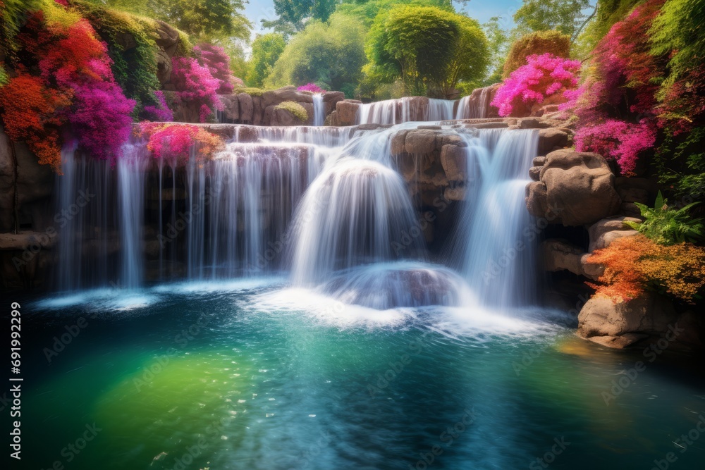 A cascading waterfall of ethereal colors merges into a serene pool below, Generative AI